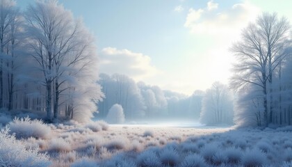 Poster - Wintry wonderland with frost-covered trees in a foggy field at sunrise or sunset