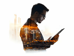 Poster - A silhouette of a man with a digital cityscape overlay, engaging with a tablet.