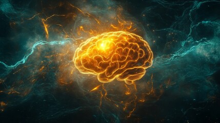 Poster - Bright Orange Brain Illustration Surrounded by Cosmic Energy Effects
