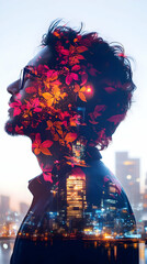 Poster - A double exposure portrait blending a man's profile with vibrant leaves and a city skyline.