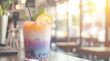 Poster - Refreshing Colorful Beverage with Lemon and Mint on a Wooden Table