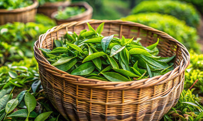 Wall Mural - fresh green tea leaves are lying next to a straw basket