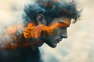 Poster - A double exposure image blending a profile of a person with a forest and cloudy sky.