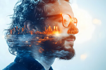 Poster - A double exposure image of a man with a city skyline and ocean overlay, symbolizing introspection.