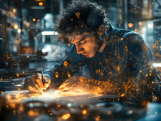 Poster - A focused individual sketching amidst a glowing, digital-inspired environment.