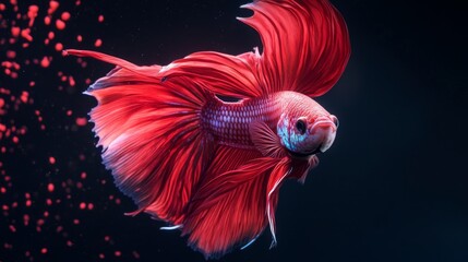 Poster - Vibrant Red Betta Fish Swimming Gracefully in Dark Waters