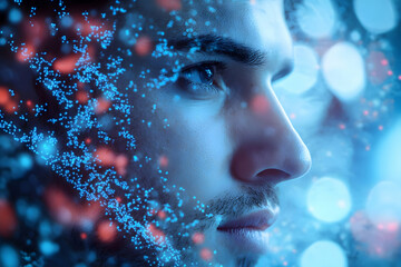 Poster - A close-up portrait of a man with a dreamy, digital background of particles and lights.