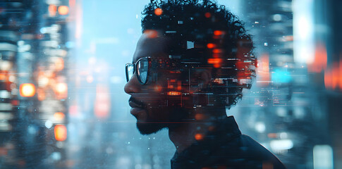 Poster - A profile of a man with glasses against a futuristic cityscape, blending technology and humanity.