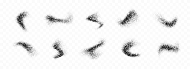 Poster - Black powder splashes collection. Grunge grain spray texture set. Dotted curved smudged brush stains pack. Sand noise splattered overlay bundle. Abstract stipple fluid grain gradient shapes. Vector