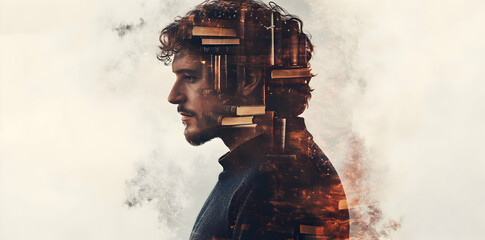 Poster - A profile of a man with a double exposure effect, blending urban elements and clouds.