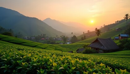 Sticker -  Tranquil Tea Fields at Sunset