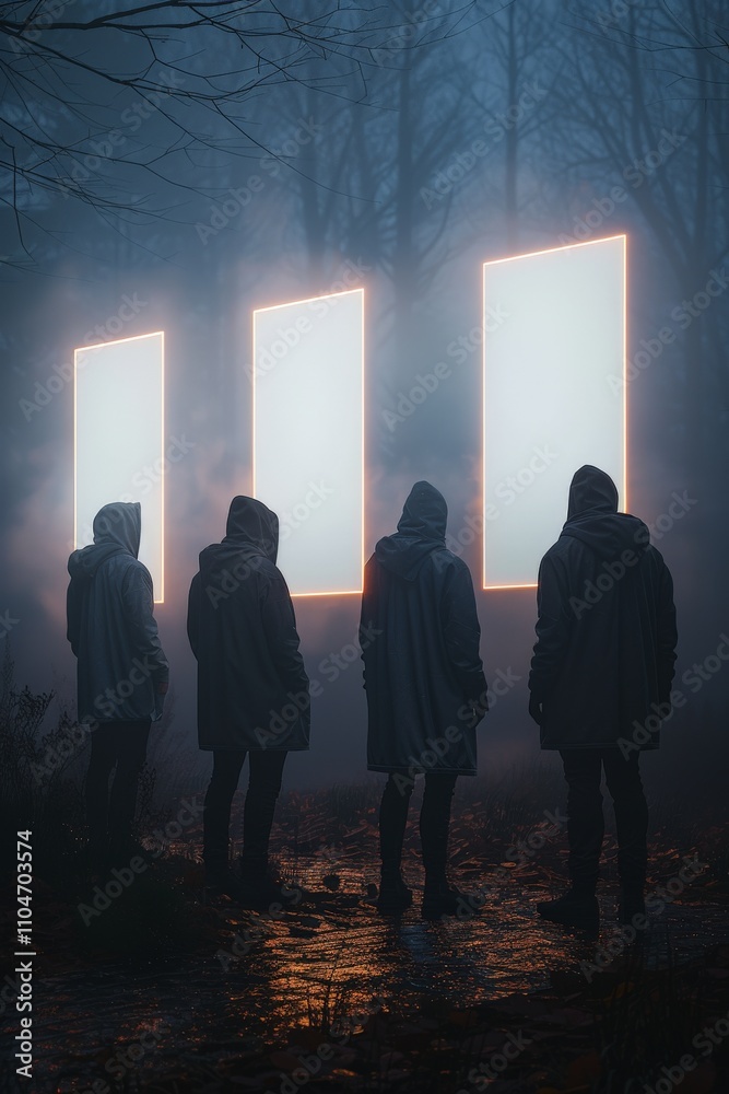 Silhouetted figures standing in eerie foggy forest with glowing digital ...