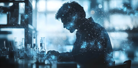 Poster - A silhouette of a person in a lab, surrounded by a cosmic backdrop representing creativity.