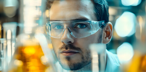 Poster - A focused scientist in protective eyewear examines lab experiments with colorful liquids.