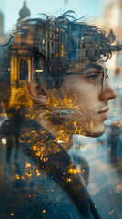 Poster - A profile of a young man overlaid with a vibrant cityscape, blending human and urban elements.