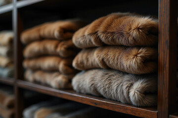 luxurious collection of soft fur fabrics displayed on wooden shelves for fashion and interior design