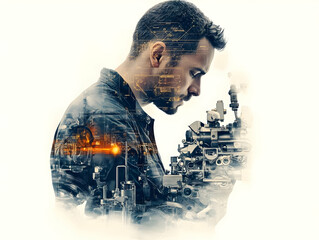 Poster - A profile of a man with an overlay of machinery, symbolizing innovation and technology.