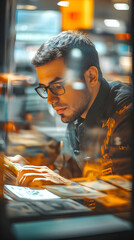 Poster - A focused young man with glasses reading in a cozy, illuminated environment.