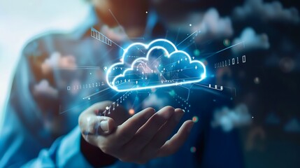 Poster - Businessman holding glowing cloud icon with digital light effects for symbolizing cloud computing and representing digital transformation technology concept.