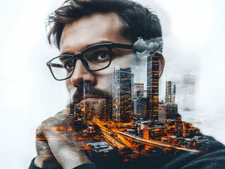 Poster - A double exposure image blending a man's portrait with a cityscape, symbolizing urban life.