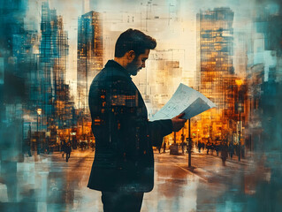 Poster - A man reading documents in a bustling urban environment, blending architecture and lifestyle.