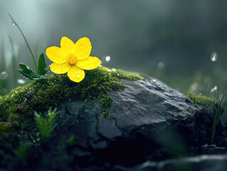 Wall Mural - Delicate yellow buttercup resting on a mossy rock.