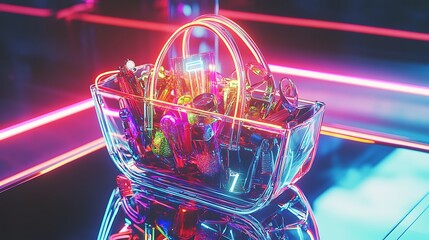 A stunning, high-contrast image of a transparent handbag filled with neon-colored objects on a mirrored surface, glowing lights creating sharp reflections, ultra-HD and vivid