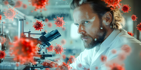 Poster - A scientist examines samples under a microscope, with virus imagery overlay.