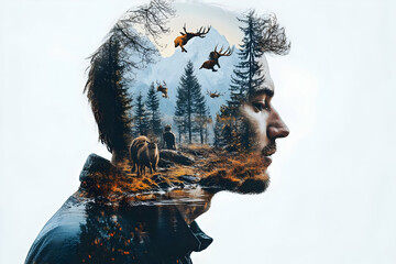 Poster - A double exposure of a man's profile filled with a serene forest and wildlife scene.