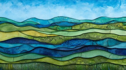 Poster - Abstract landscape with layered blue and green rolling hills design