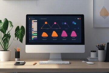 Poster - A modern workspace featuring an iMac displaying colorful data visualizations, complemented by plants and organized stationery.