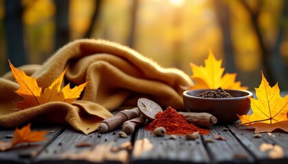 Canvas Print -  Autumn Harvest  Spices and Blanket