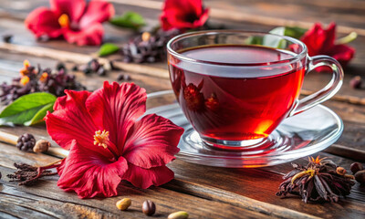 Wall Mural - red karkade tea in a glass cup on a wooden table with flowers