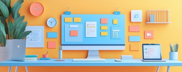 Poster - A vibrant workspace featuring a blue desk, computer, sticky notes, and a potted plant against a bright yellow wall.