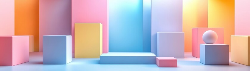 Poster - A vibrant arrangement of pastel geometric shapes creates a modern, playful backdrop, perfect for creative displays and artistic presentations.