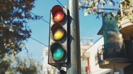 Aufkleber - Traffic Light on Urban Street with Green, Yellow, and Red Signals