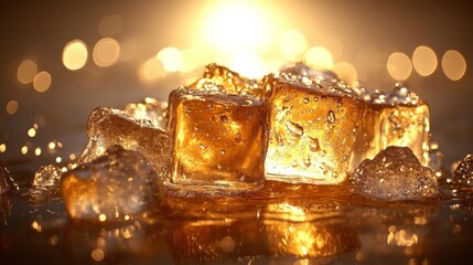 Poster - Glowing Ice Cubes in Golden Liquid at Sunrise with Bokeh Effect