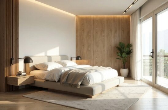 A modern bedroom with minimalist touches including a platform bed, simple decor and a soothing color scheme.