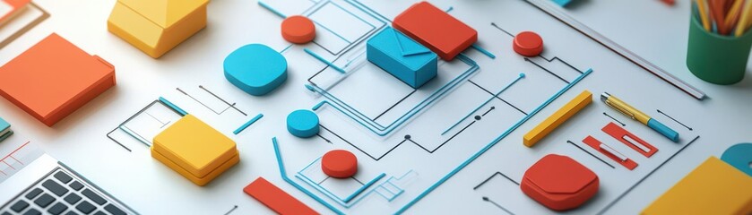 Poster - a vibrant workspace featuring colorful blocks, a blueprint layout, and office supplies, ideal for br