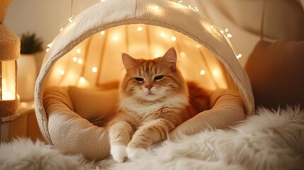 Poster - Cozy Cat in a Warm Bed Surrounded by Soft Lights and Plush Decor