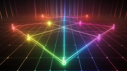 Poster - Futuristic neon geometric lines and shapes in a digital landscape