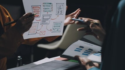 UX developer and ui designer brainstorming about mobile app interface wireframe design with customer breif and color code. business working