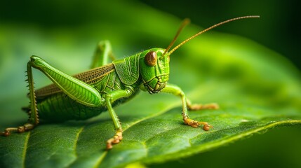 Poster - Close-up of a Vibrant Green Grasshopper on a Leaf in Nature