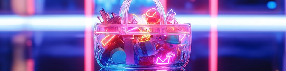 A stunning, sharp image of a transparent handbag full of neon objects on a reflective surface, illuminated by glowing lights, vivid and visually appealing in high-definition