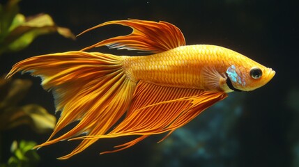 Poster - Vibrant Orange Betta Fish Swimming Elegantly in Aquarium Water