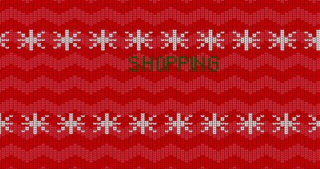 Poster - Ugly sweater animated video with Shopping text. Animation of Winter knitted sweater pattern in red, white and green.