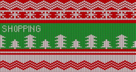 Poster - Ugly sweater animated video with Shopping text. Animation of Winter knitted sweater pattern in red, white and green.