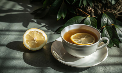 Wall Mural - white porcelain cup with hot tea and lemon on the table