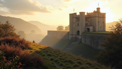 Sticker -  Enchanted castle on a hill bathed in the glow of a setting sun