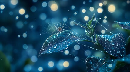 Aufkleber - Delicate Spider on Leaf Covered with Raindrops and Soft Bokeh Glow